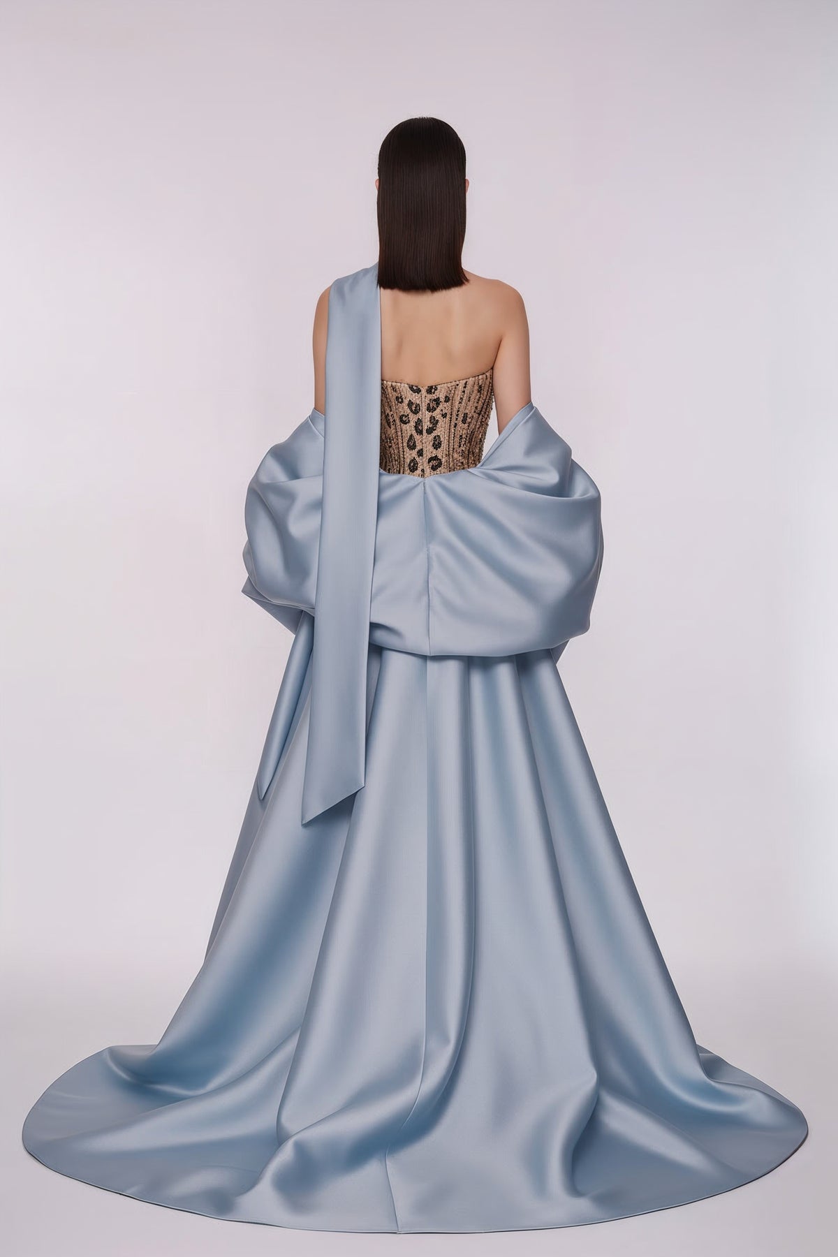 Leopard Embroidered Evening Gown with Satin Cape