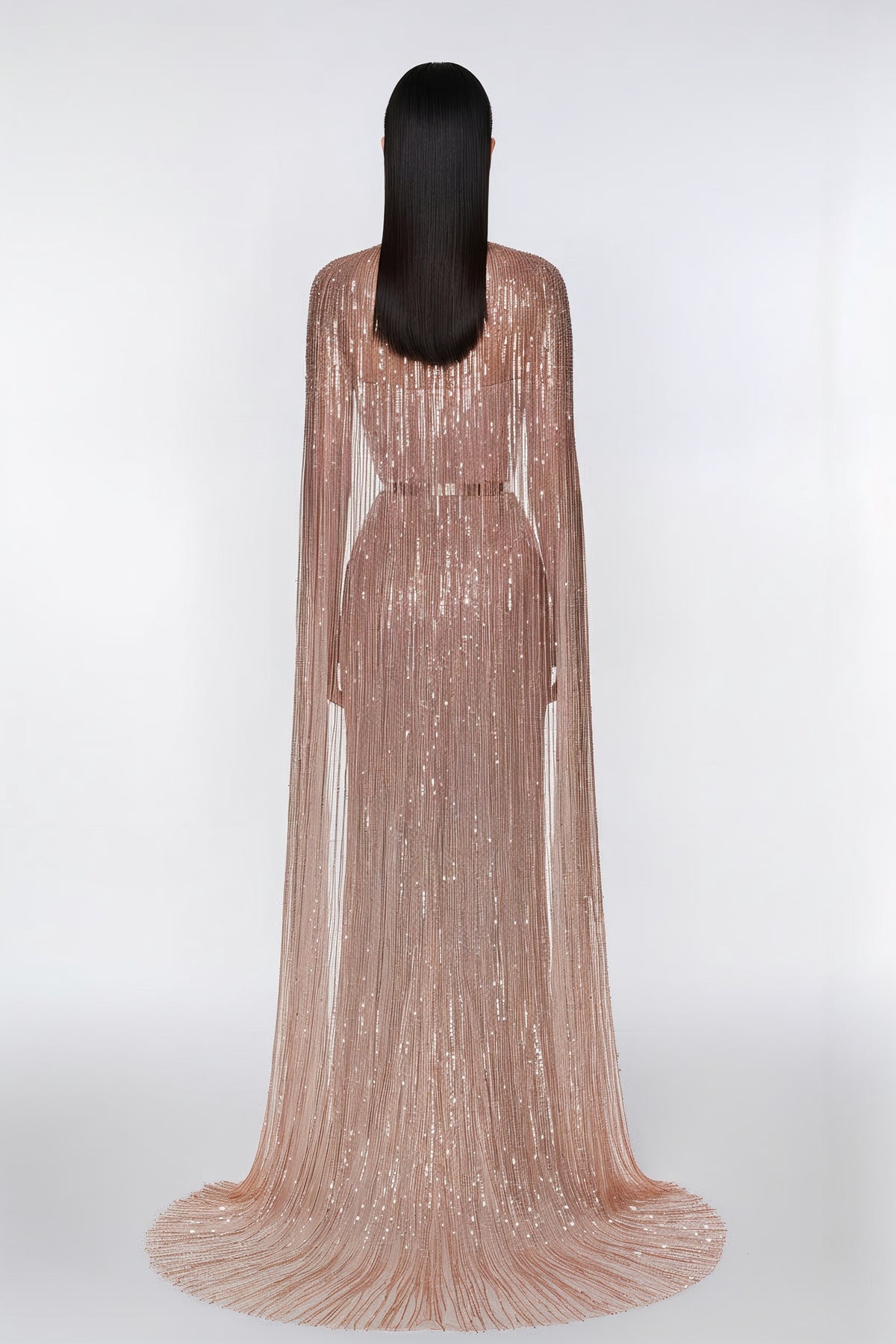 Rose Gold Fringe Cape Gown