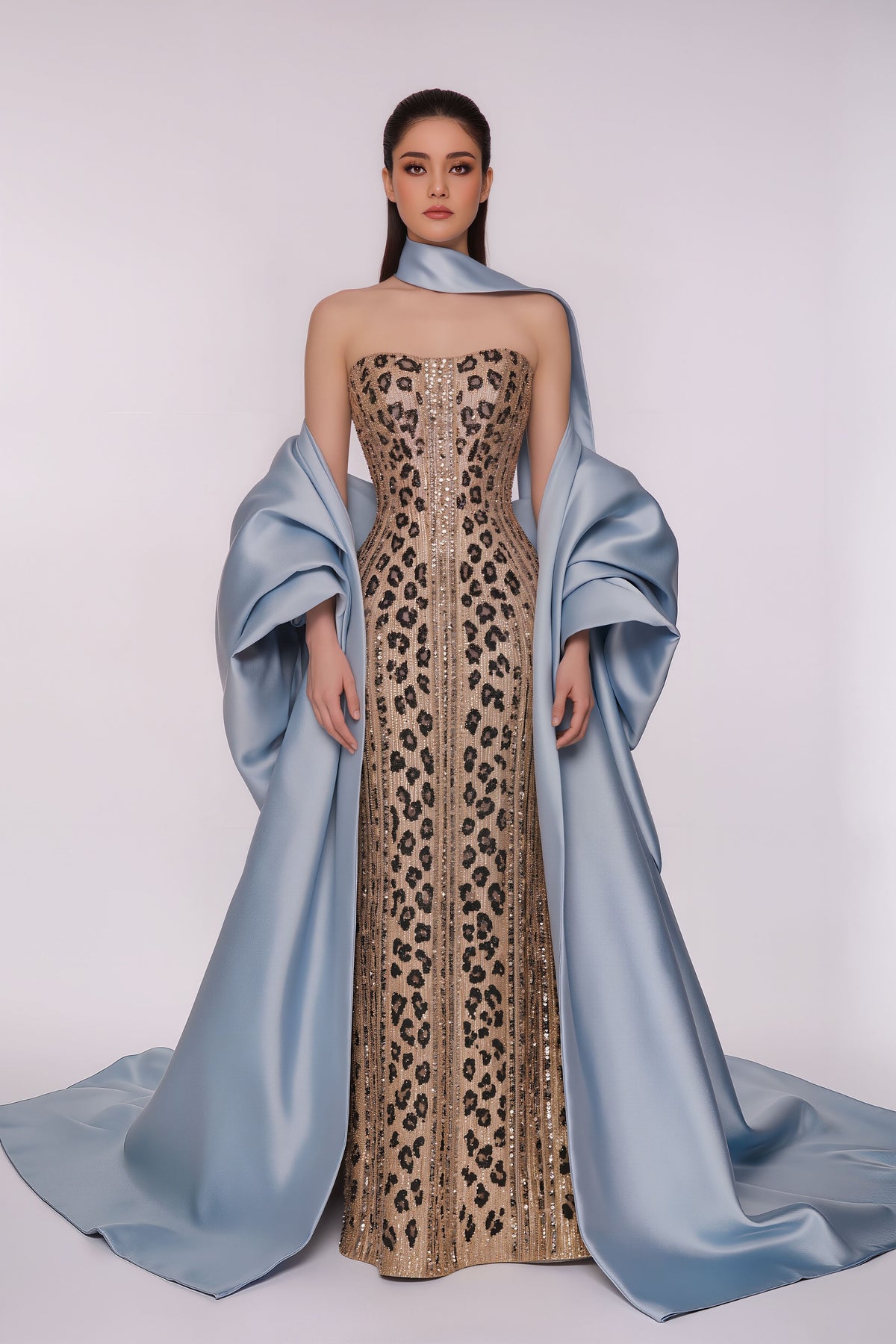 Leopard Embroidered Evening Gown with Satin Cape